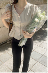 Short Sleeve V-Neck Ruffle Blouse Shirts